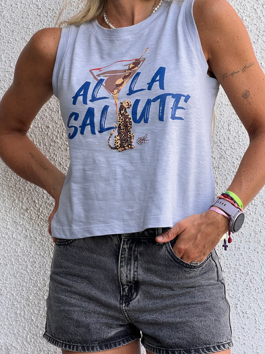 Polera Celeste Alla Salute sin mangas / 100% Algodón