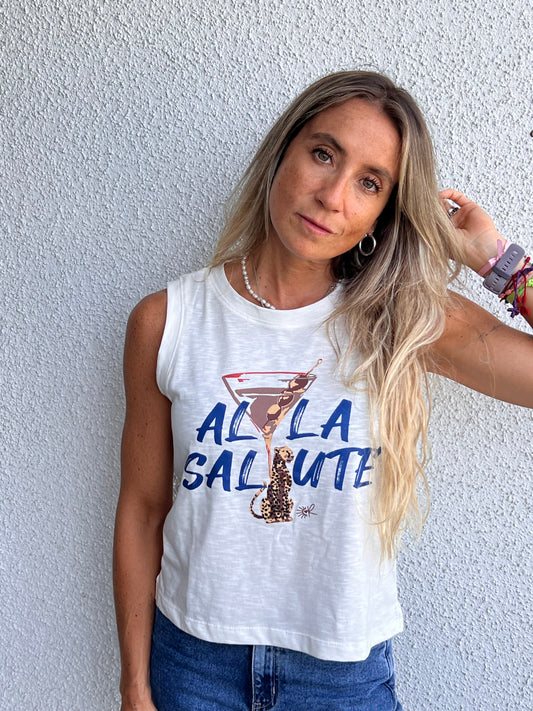 Polera Blanca Alla Salute sin mangas / 100% Algodón