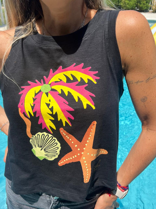 Polera negra sin mangas palmeras marinas