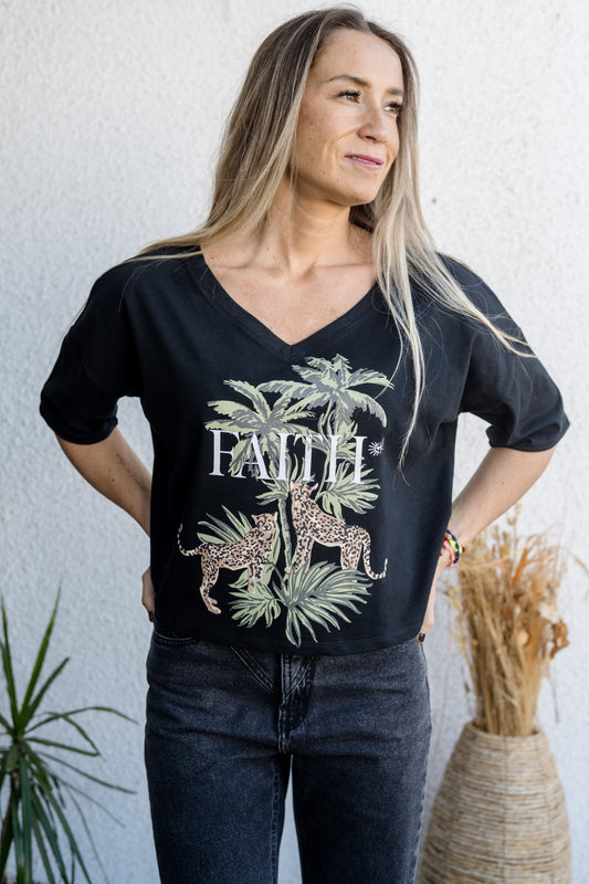 🐆 Polera Faith Negra – Tigres & Palmeras