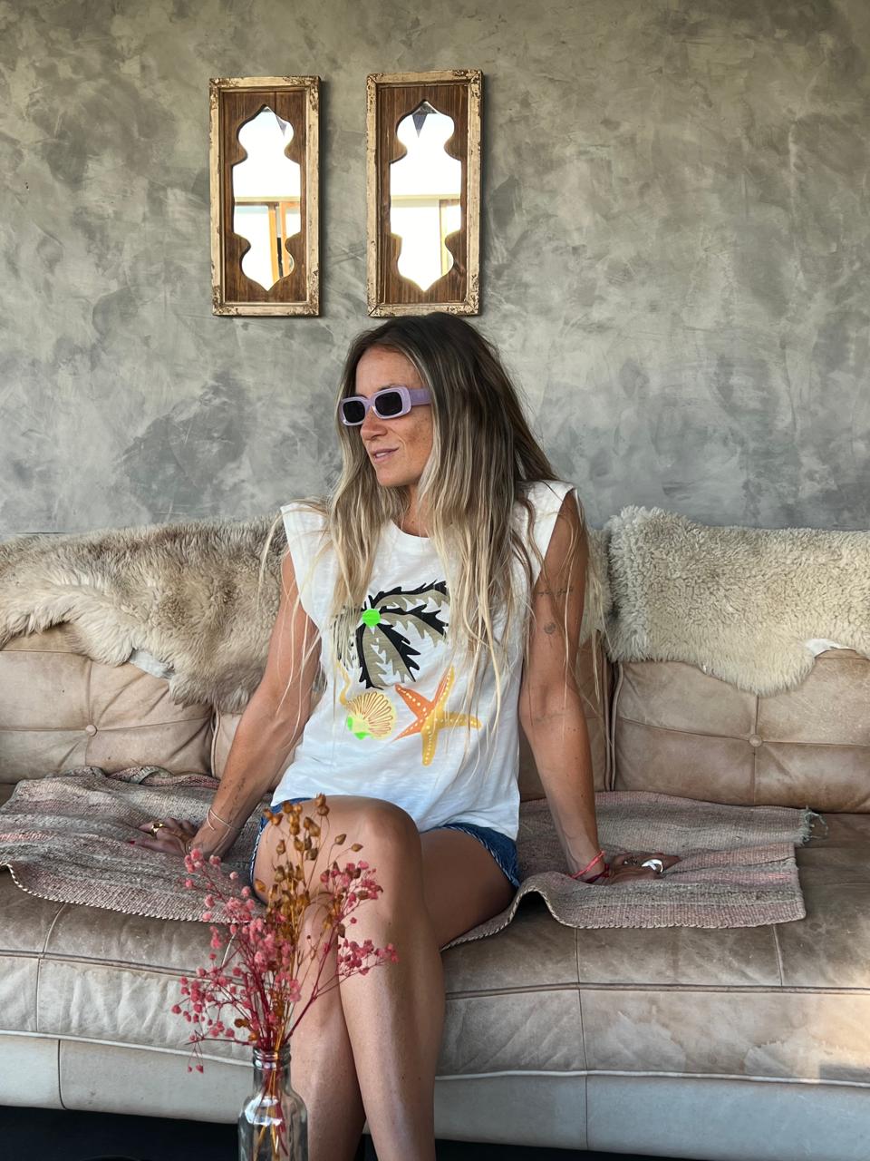 Polera manga corta palmera marina