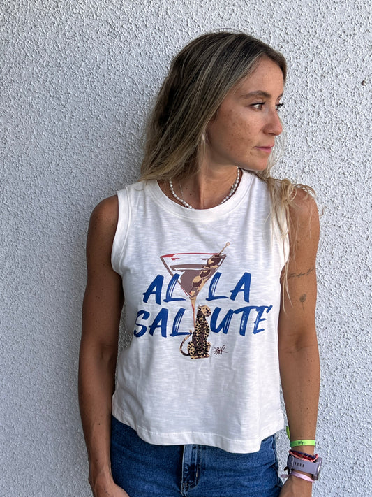 Polera Blanca Alla Salute sin mangas / 100% Algodón