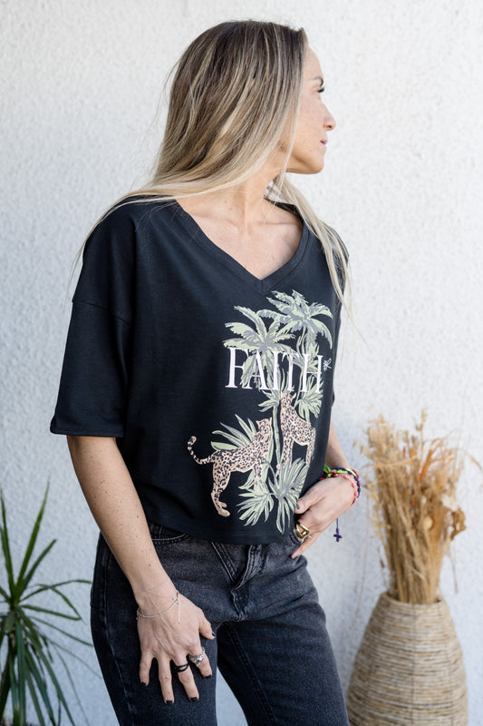 🐆 Polera Faith Negra – Tigres & Palmeras